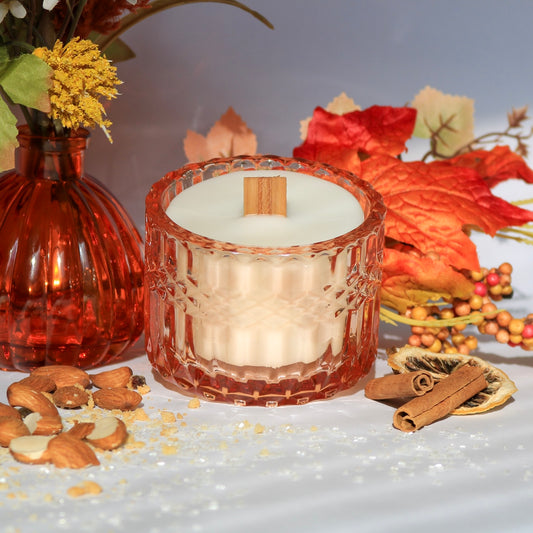 Alt: Say 'ooh la la' to our whimsical 'Almond Macaron Mania' candle, where nutty almonds, creamy amaretto, and a sprinkle of cinnamon, nutmeg, and lemon zest dance in a dessert-scented ballet. Immerse yourself in a guilt-free olfactory feast – because who needs calories when your nose can indulge