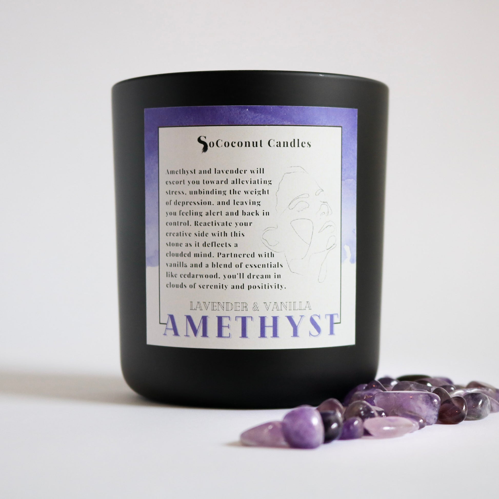 Image: Our first intention candle, blending citrus, bergamot, cake, bourbon, and 11 essential oils, adorned with stress-relieving amethyst. A 12 oz. glass, cork lid, coconut wax, wooden wick. Grounded in cedarwood. Illuminate with hope. 