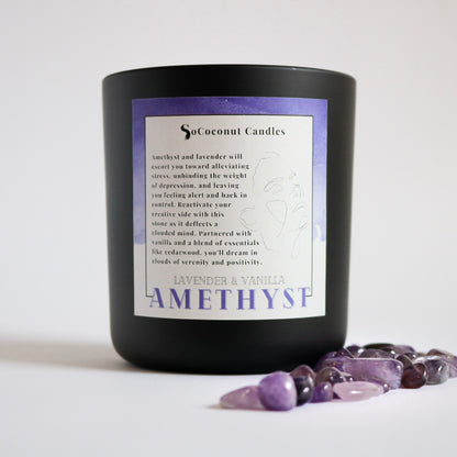 Image: Our first intention candle, blending citrus, bergamot, cake, bourbon, and 11 essential oils, adorned with stress-relieving amethyst. A 12 oz. glass, cork lid, coconut wax, wooden wick. Grounded in cedarwood. Illuminate with hope. 
